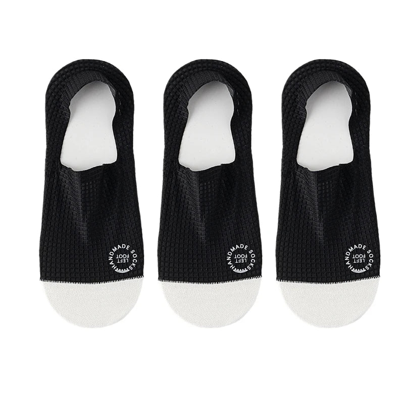 Men Low Cut Waffle Pattern Mesh Socks 3 Pair Pack - black / EU 37-44