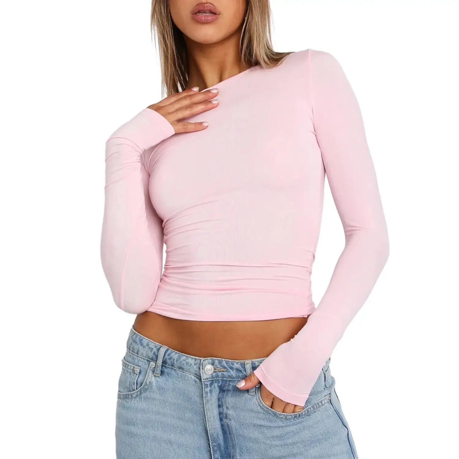 Pink Long Sleeve T-Shirt - Trendy Women’s Crop Top for Summer