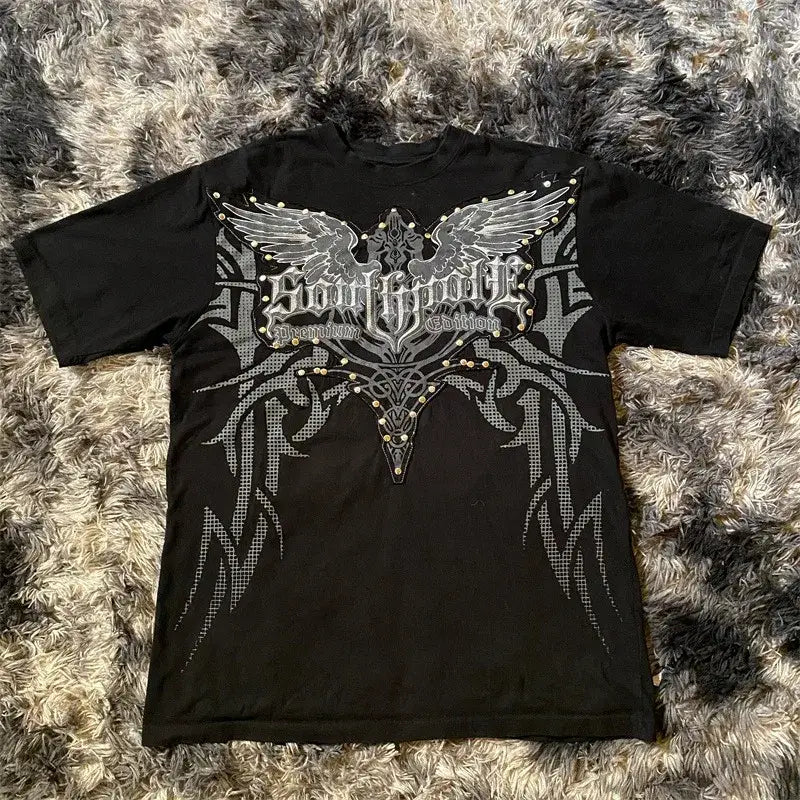 Classic Y2K Gothic Style T-shirt Print Oversized T Shirt High Street Shirts Gothic Round Neck Cotton Tops New Mens