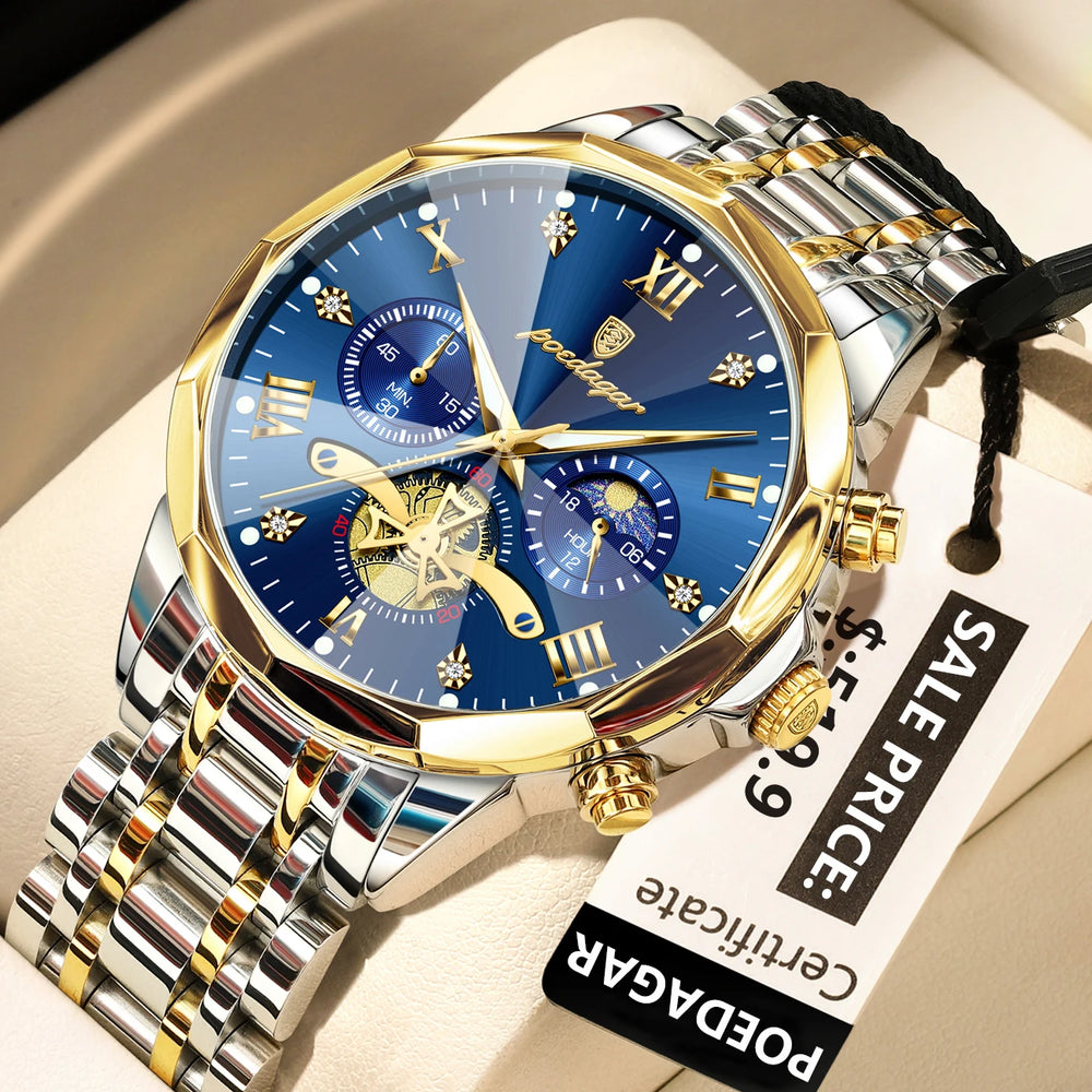 Waterproof Men Stainless Steel Quartz Chronograph Watch - 938 Gold Gold Blue
