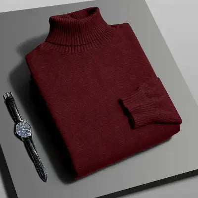 Autumn Men’s High-Quality Knitted Turtleneck Sweater in Solid Color - Wine Red / Asian M(40-55Kg)