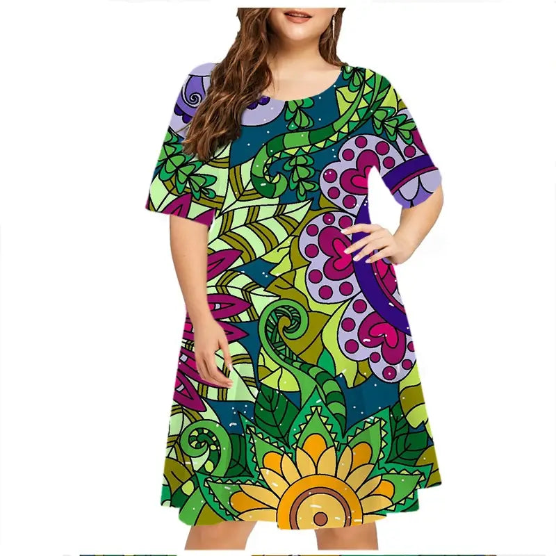 6XL Plus Size Dresses Women Abstract Painted Print Dress