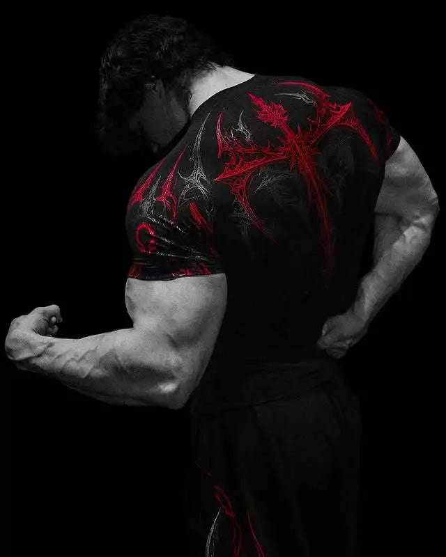 Gothic Print Muscle Tee Multi Size High Elasticity Quick Dry Gym Shirt