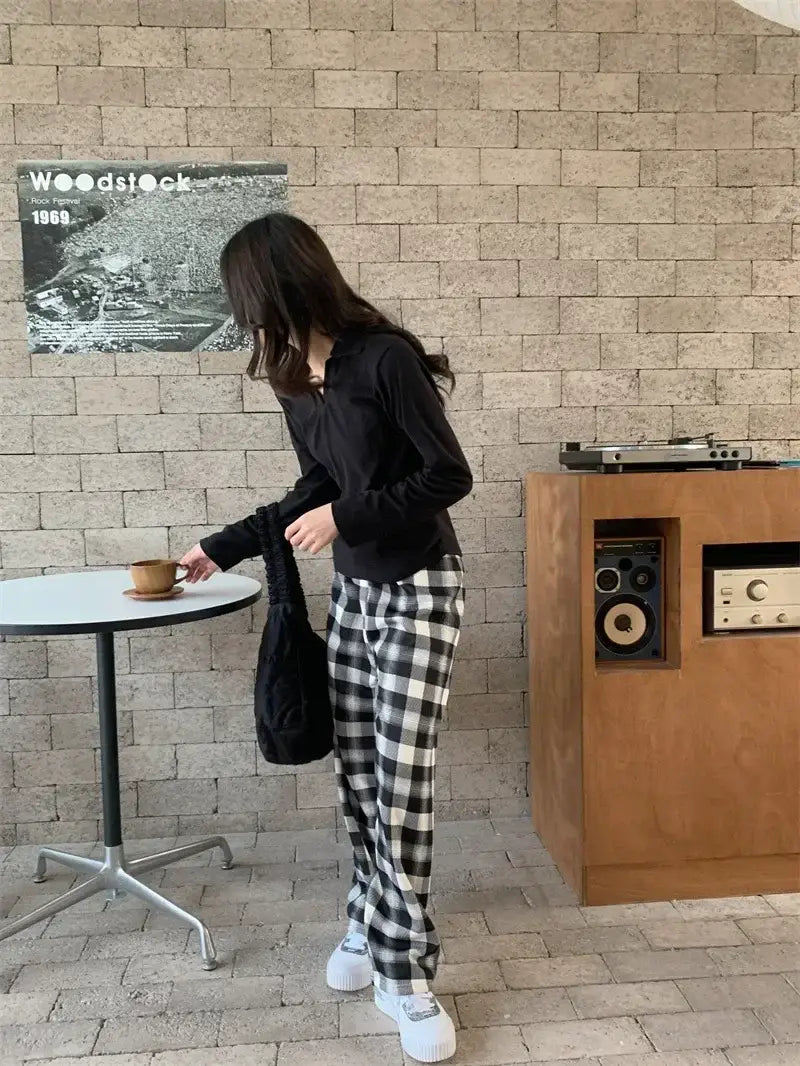 Warm Plush Cashmere Pants in Thick Plaid Wide-Legged Winter Style