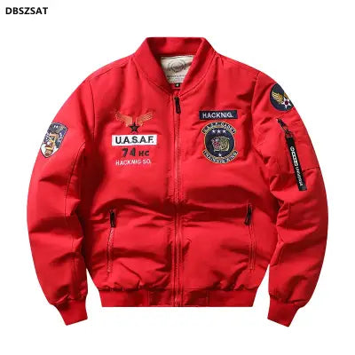 Air Force Pilot Bomber Jacket MA1 with Thick Fleece Velvet Lining - Red / XXL