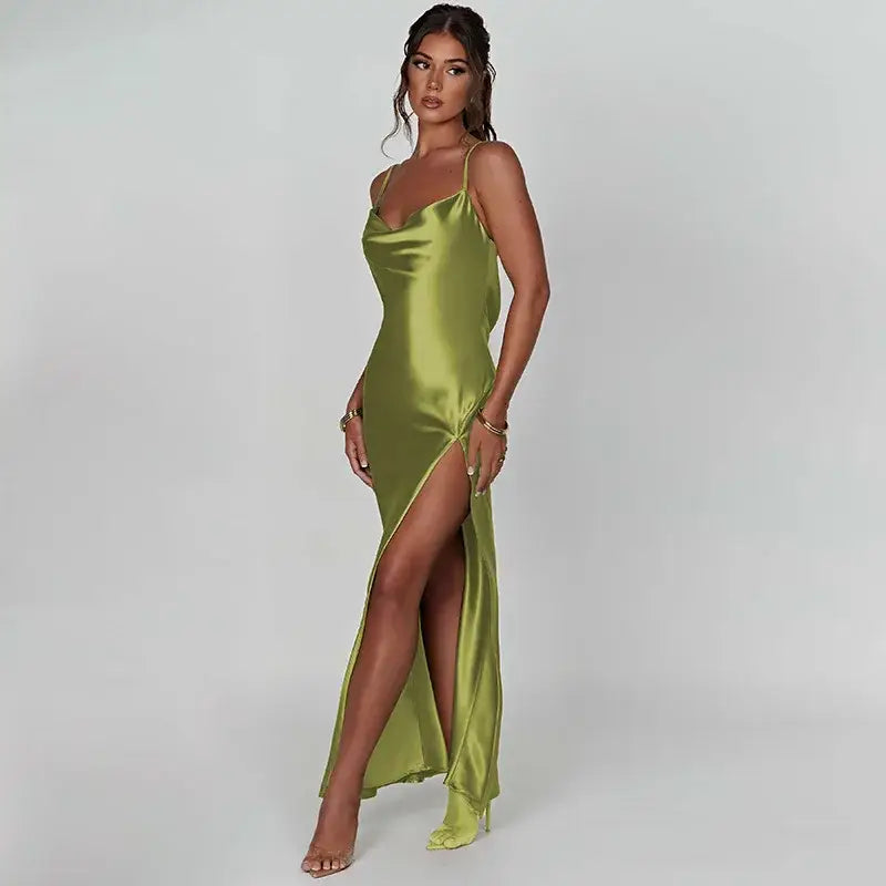 Dulzura Satin Maxi Dress: Lace-Up Back Side Slit Elegant Summer Style