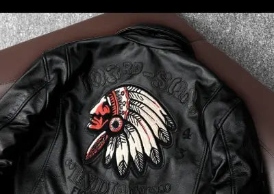 Men’s Cowhide Leather Motorcycle Jacket with Embroidery Flying Suit Design