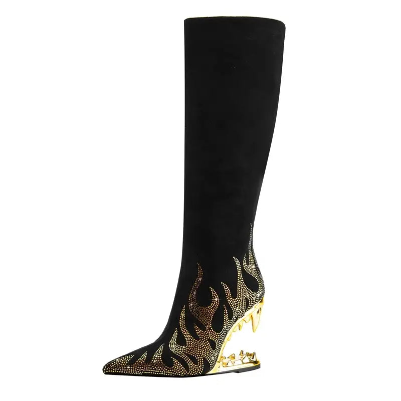 Tiger Tooth Boots: Stylish Stretch Boots with Rhinestone Flame Design