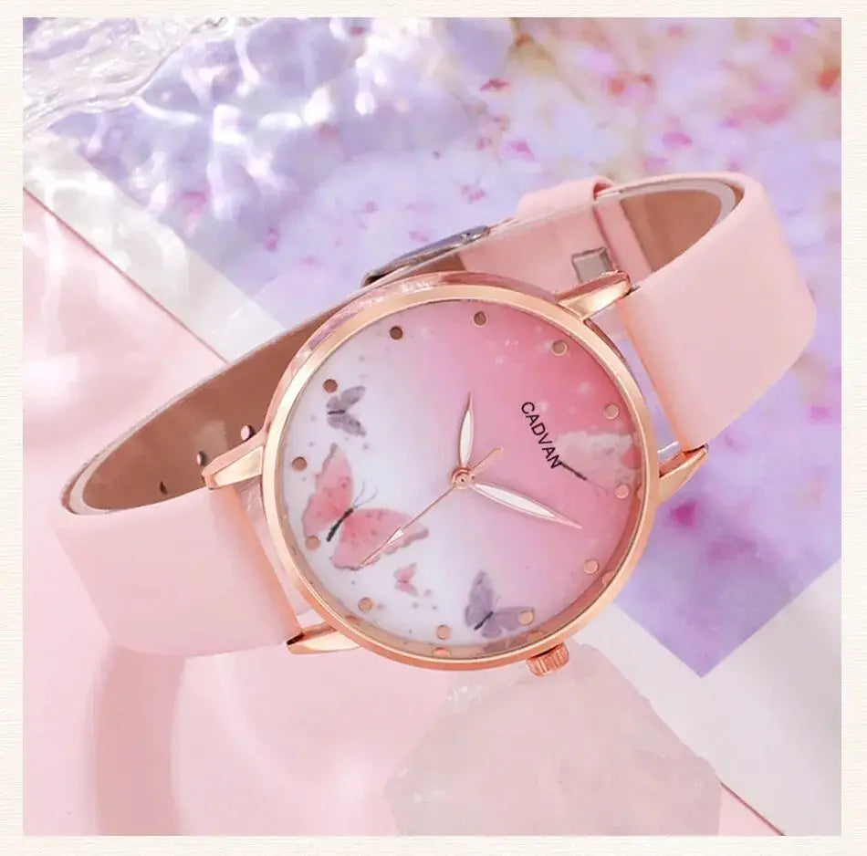 Women’s Quartz Watch with Pink Butterfly Dial - 6PCS Fashion Set