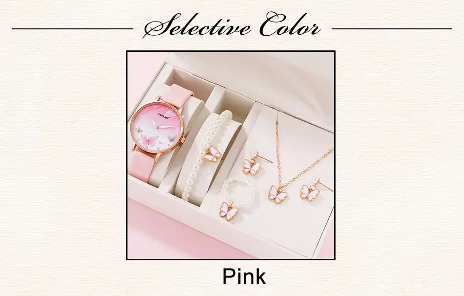 Women’s Quartz Watch with Pink Butterfly Dial - 6PCS Fashion Set