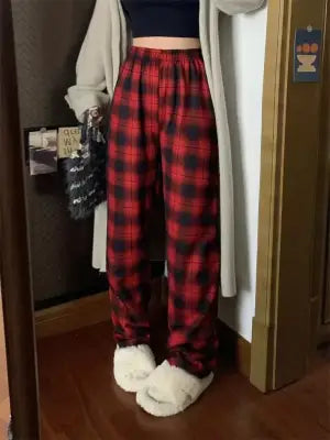 Warm Plush Cashmere Pants in Thick Plaid Wide-Legged Winter Style - Red / One Size