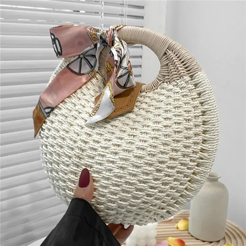 Holiday Shell Handbag Woven Beach Bag Cute Rattan Round Tote for Women