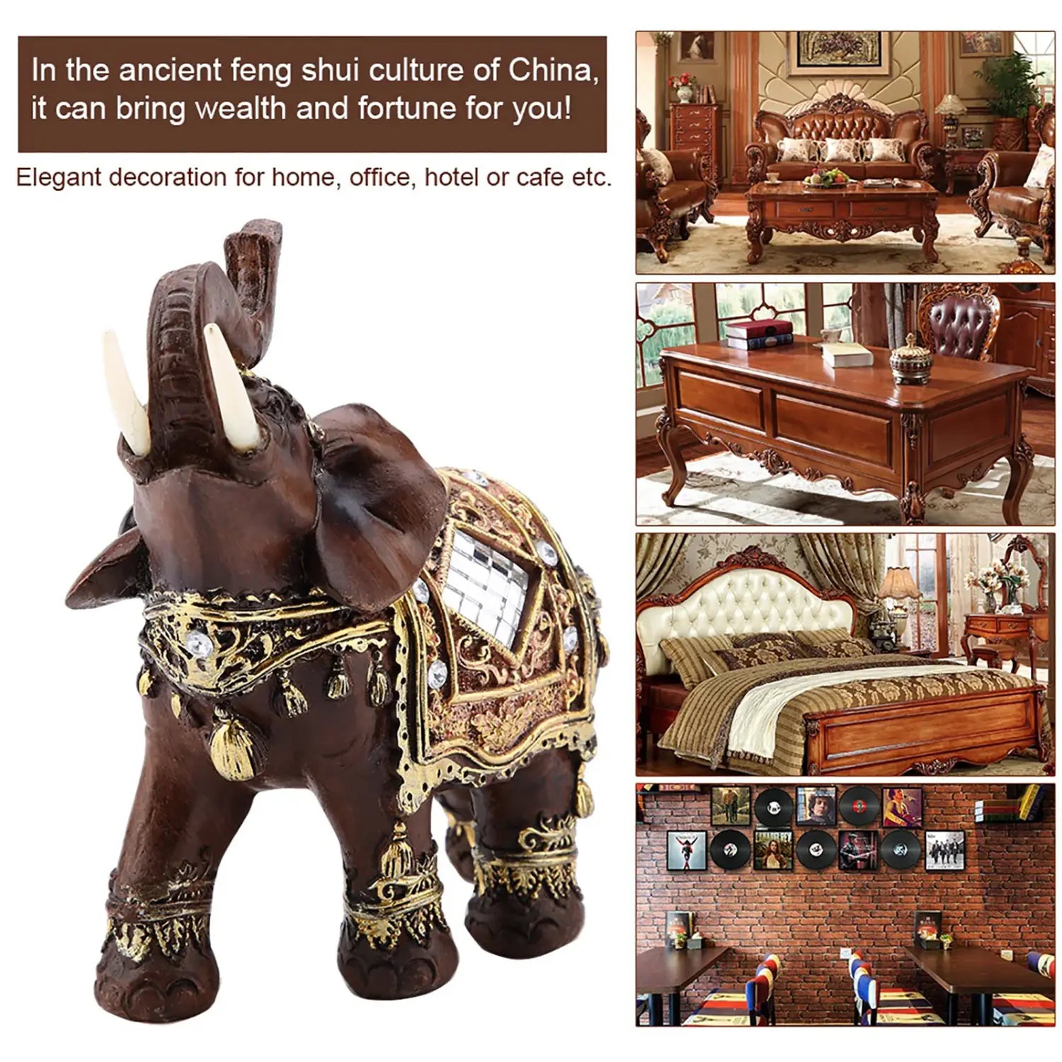 Feng Shui Elephant Statue in Wood Grain for Wealth and Prosperity Decor