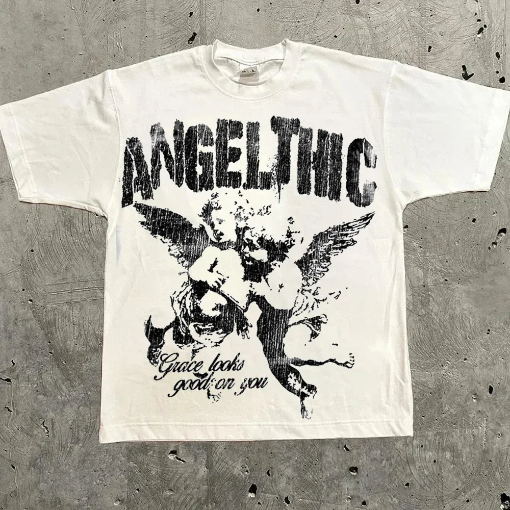 Harajuku Graphic Oversized Tops Cotton Inch Length Y2k Streetwear Tee