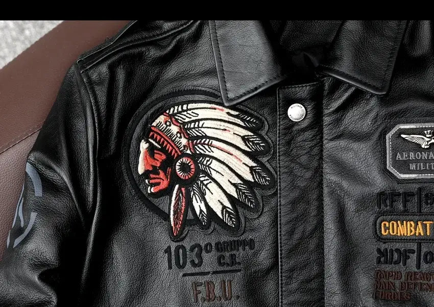 Men’s Cowhide Leather Motorcycle Jacket with Embroidery Flying Suit Design