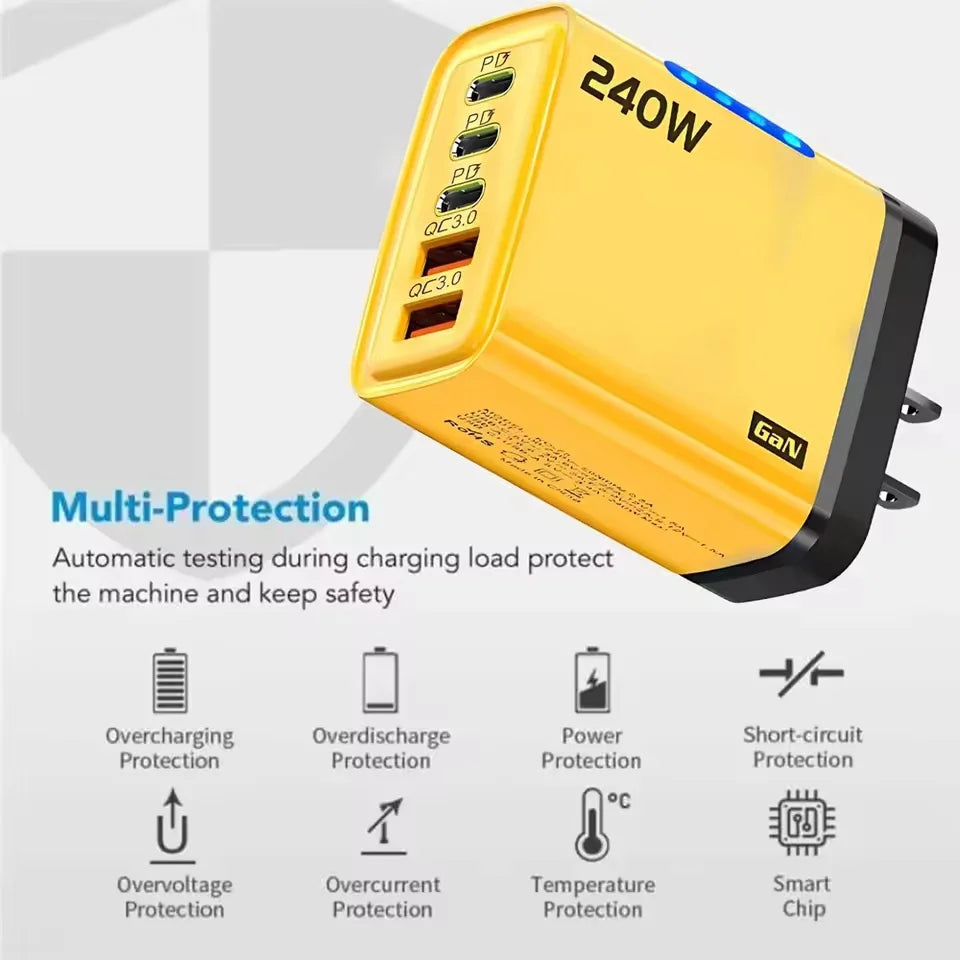 240W GaN USB C Charger 5 in 1 Adapter for Fast Charging Multi Devices