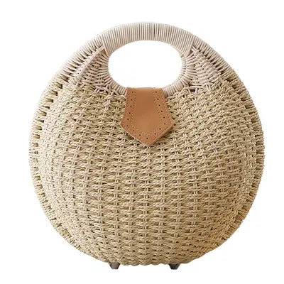 Holiday Shell Handbag Woven Beach Bag Cute Rattan Round Tote for Women - apricot