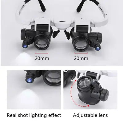 LED Watch Repair Magnifier with Adjustable Head-Mounted Magnifying Glasses - Black and White