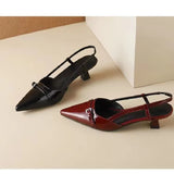 French Pointed Heel Sandals Burgundy Patent Upper Fairy Style