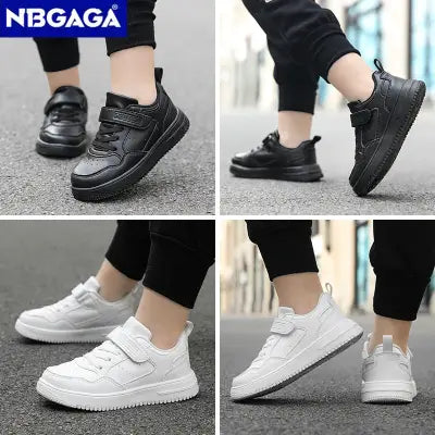 Boys Casual Black Leather Sneakers Lightweight Non-Slip Flat Shoes