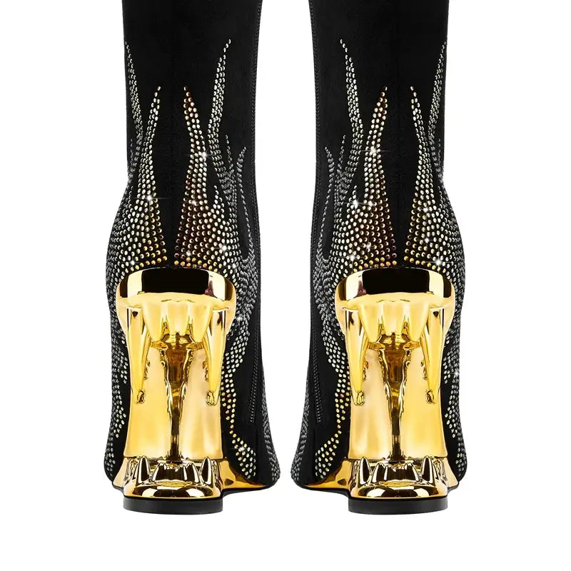 Tiger Tooth Boots: Stylish Stretch Boots with Rhinestone Flame Design