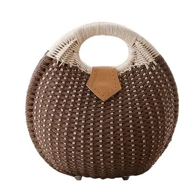 Holiday Shell Handbag Woven Beach Bag Cute Rattan Round Tote for Women - brown