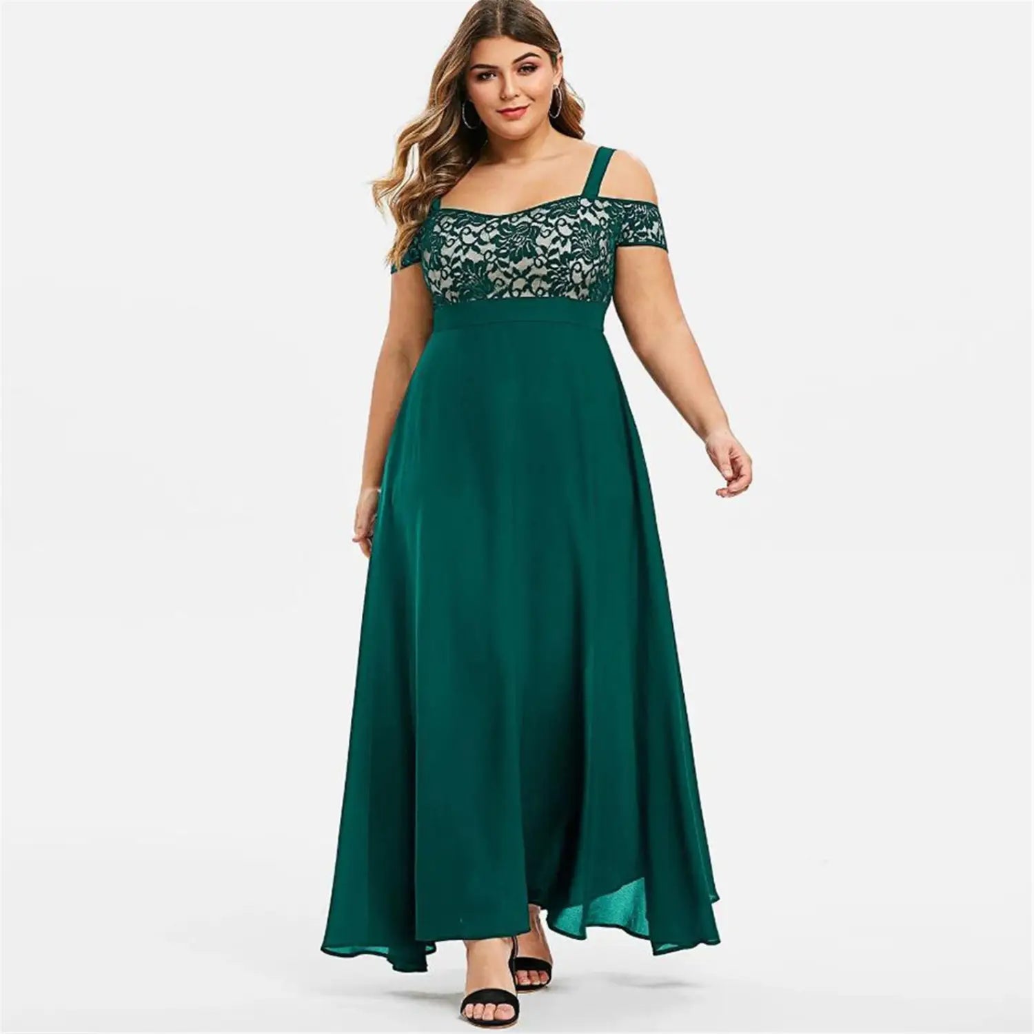 Cold Shoulder Dress – Plus Size Floral Lace Maxi Dress for Women