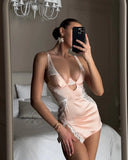 Sexy Satin Lace Patchwork Dress Silk Nightwear for Women