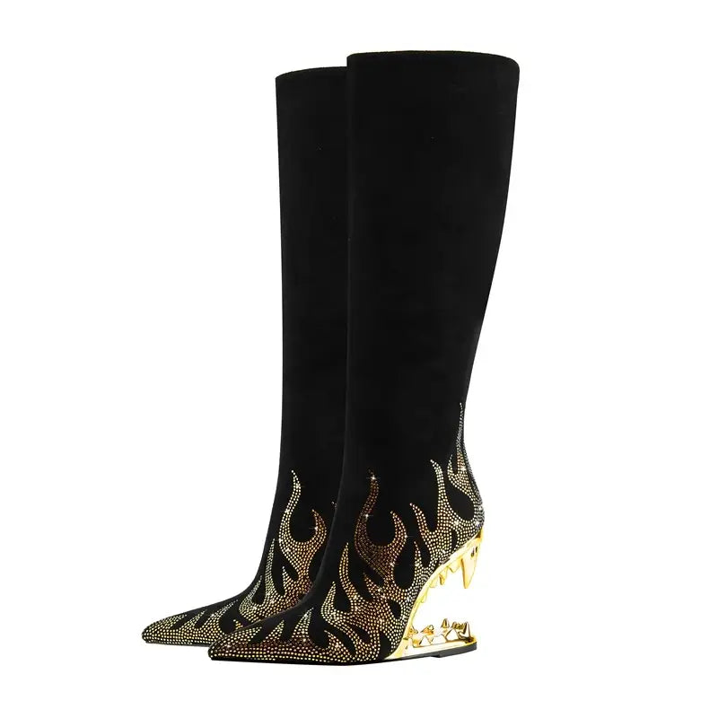 Tiger Tooth Boots: Stylish Stretch Boots with Rhinestone Flame Design