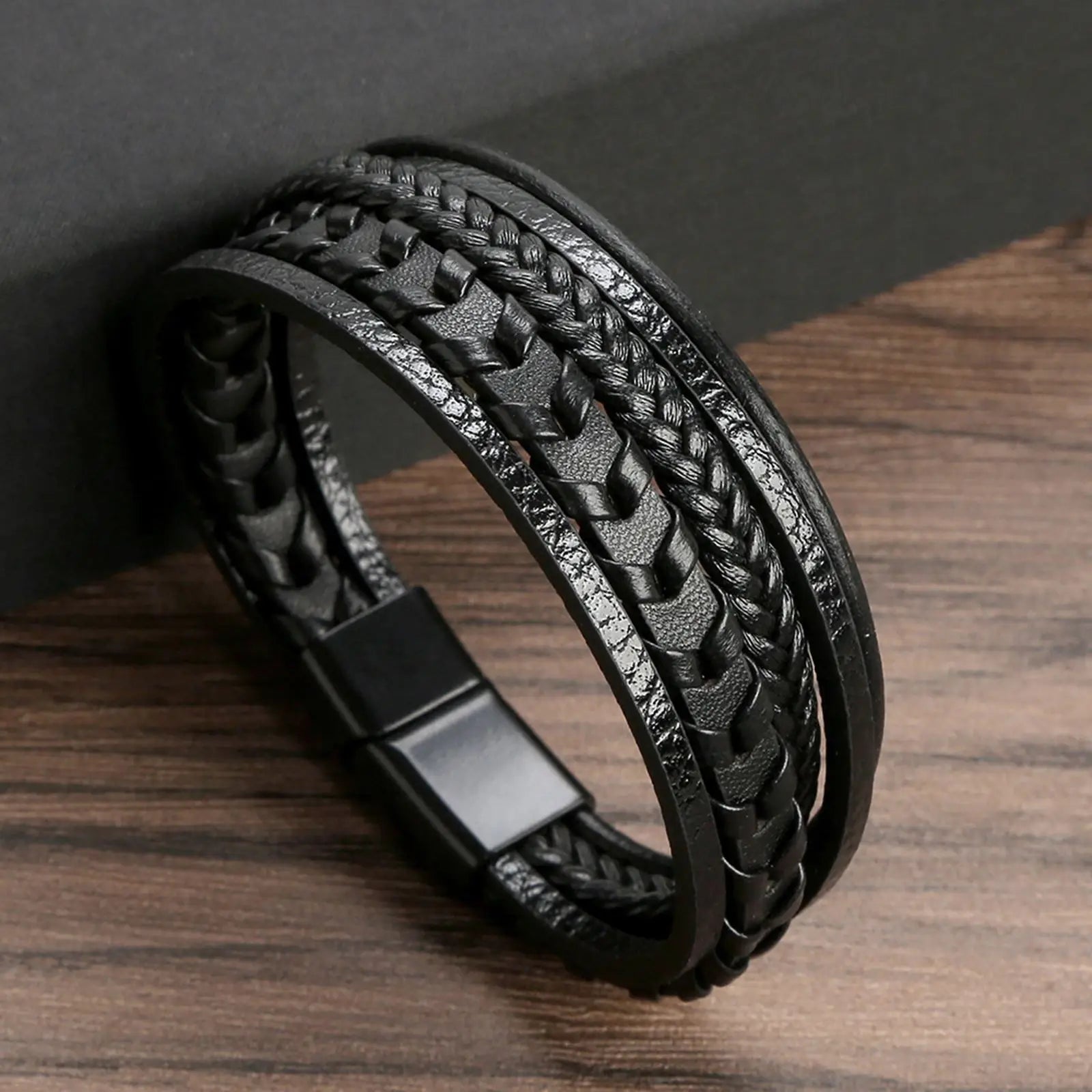 Multilayer Fashion Leather Bracelets for Men with Woven Alloy Accents