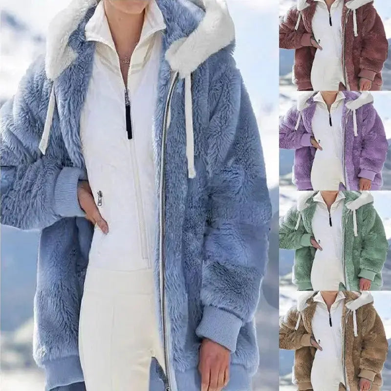 Loose Plush Zipper Hooded Jacket for Women in Autumn and Winter