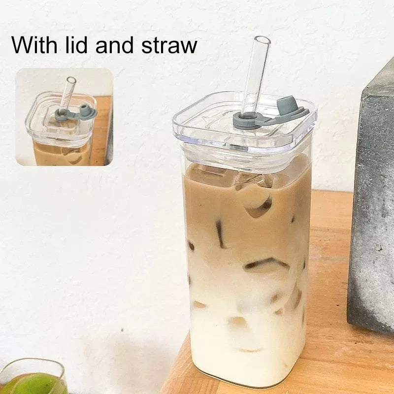 Square Glass Coffee Cup with Lid and Straw – Heat Resistant Drinkware