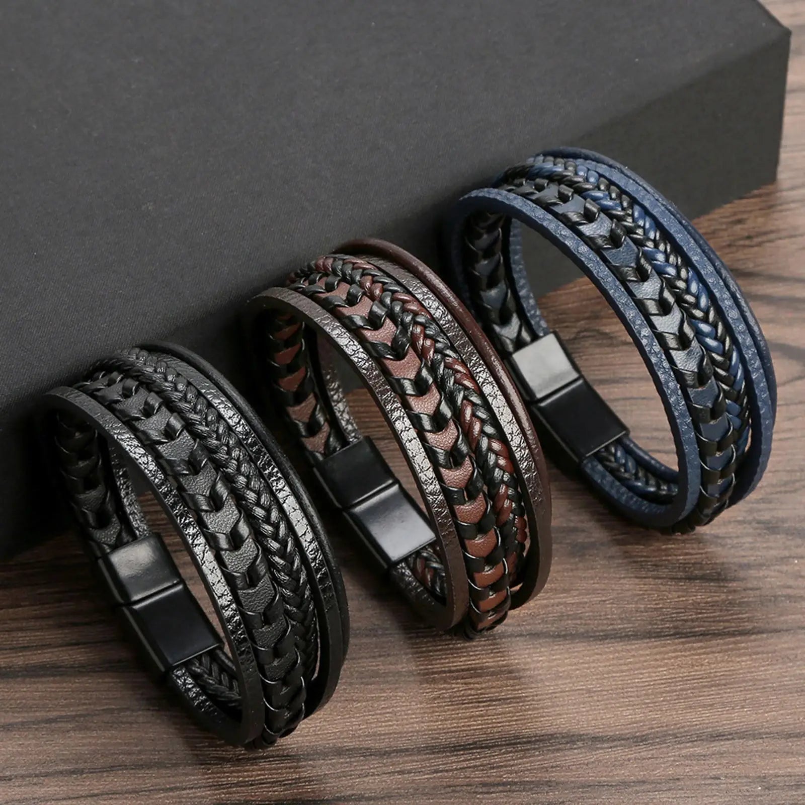 Multilayer Fashion Leather Bracelets for Men with Woven Alloy Accents