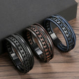 Multilayer Fashion Leather Bracelets for Men with Woven Alloy Accents