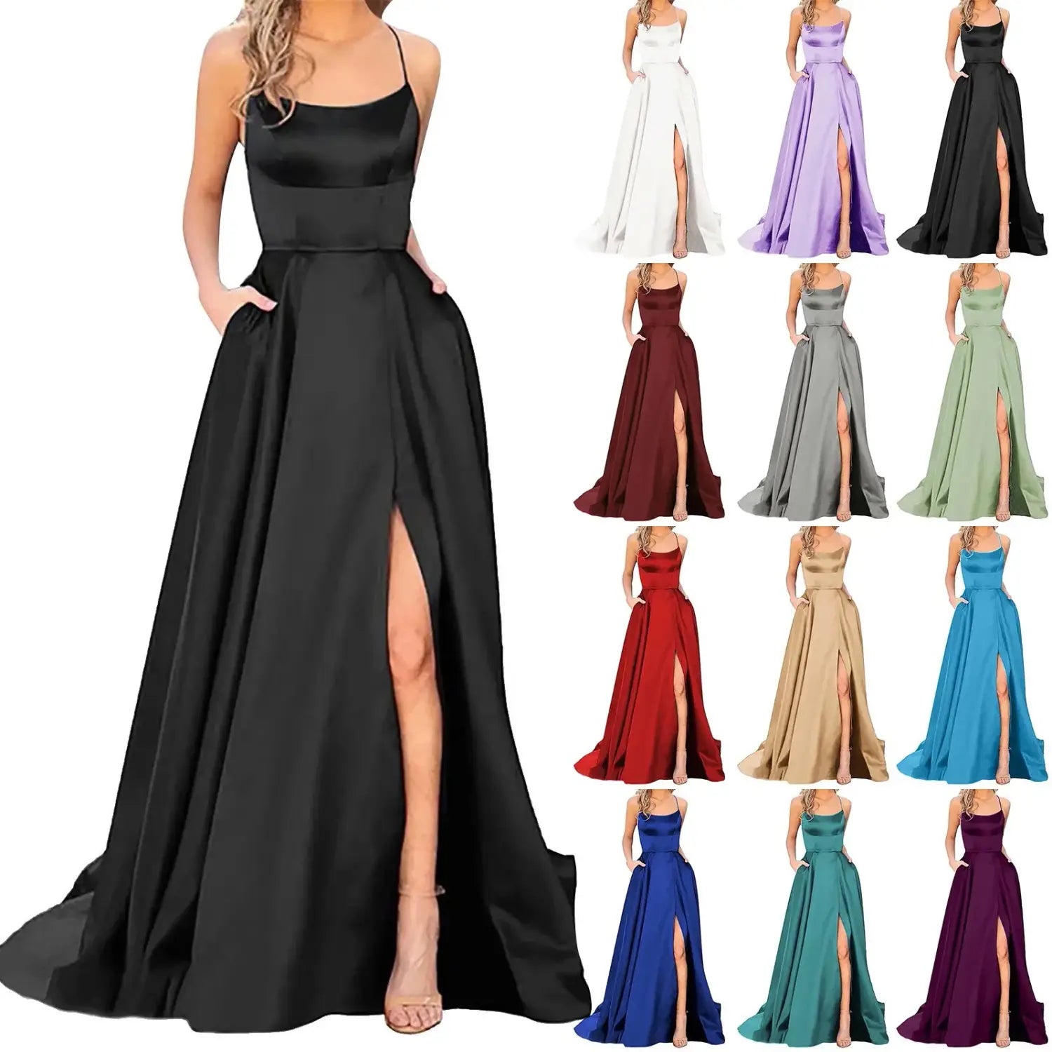 Sexy Nipped Waist Split Prom Dress: Elegant Evening Spaghetti Straps