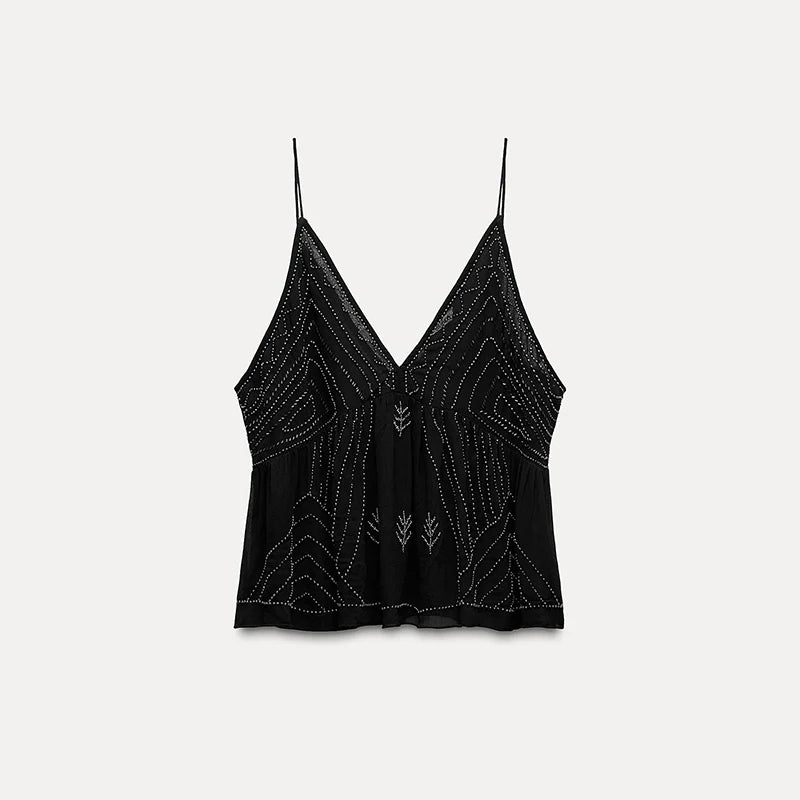 Chic Beaded V-Neck Camisole – Women's 2025 Backless Ruffle Top - Himpall
