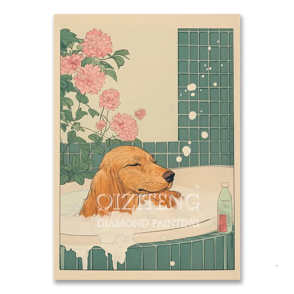 Cat in Bathtub Diamond Painting Square Round Kit Retro Home Decor