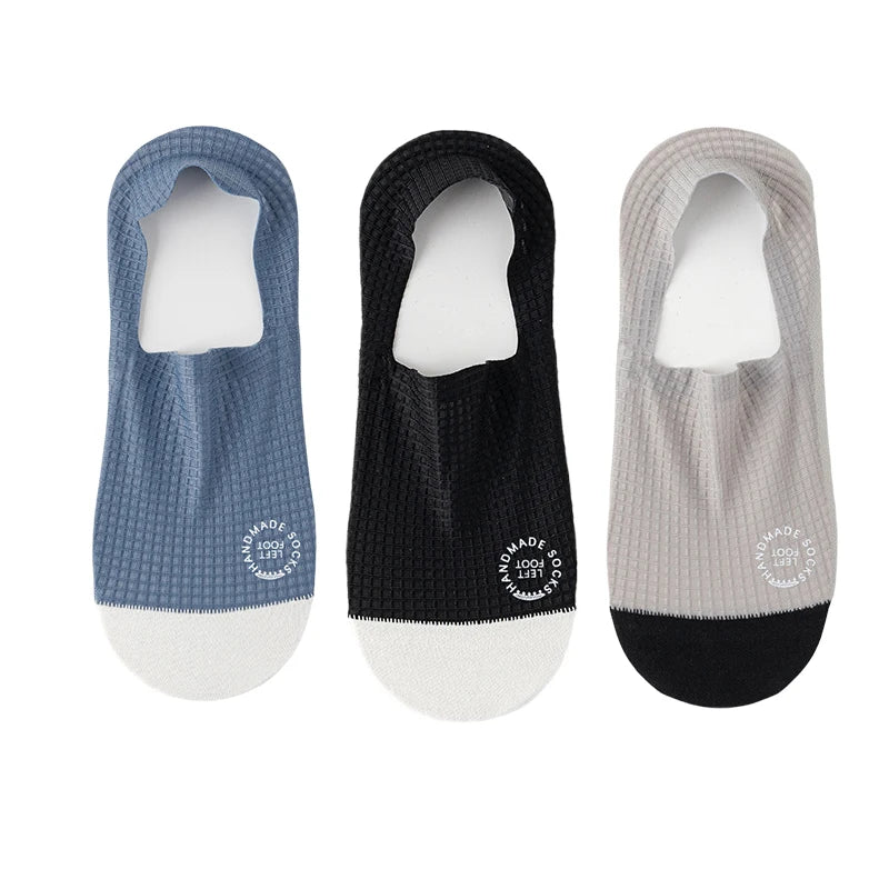 Men Low Cut Waffle Pattern Mesh Socks 3 Pair Pack - blue black grey / EU 37-44