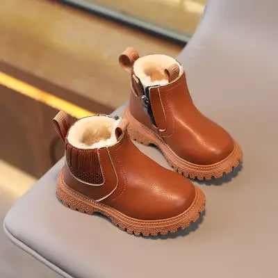 Autumn Winter Baby Kids Short Boots in Warm PU Leather - C / 27