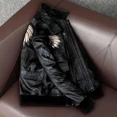 Men’s Cowhide Leather Motorcycle Jacket with Embroidery Flying Suit Design