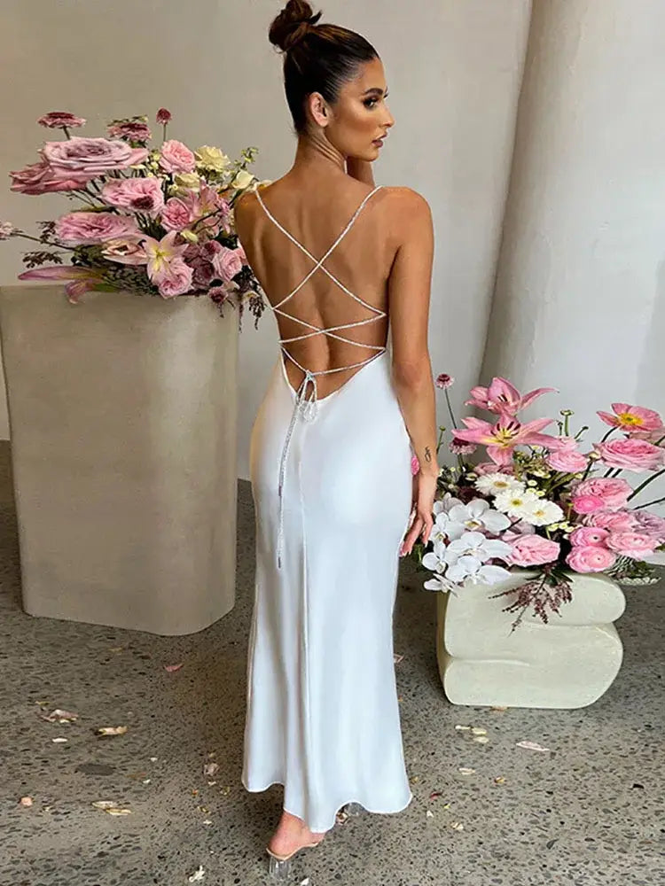 CNYISHE Sexy Split Spaghetti Strap Backless Maxi Dress