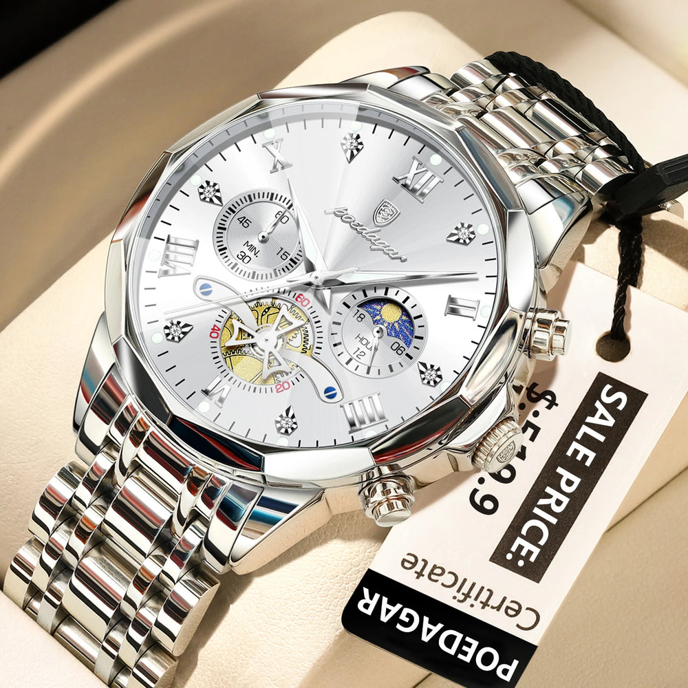Waterproof Men Stainless Steel Quartz Chronograph Watch - 938 Silver White