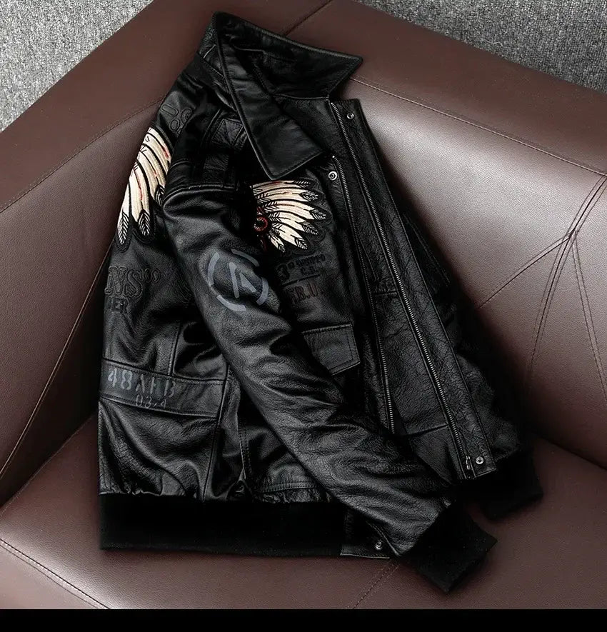 Men’s Cowhide Leather Motorcycle Jacket with Embroidery Flying Suit Design