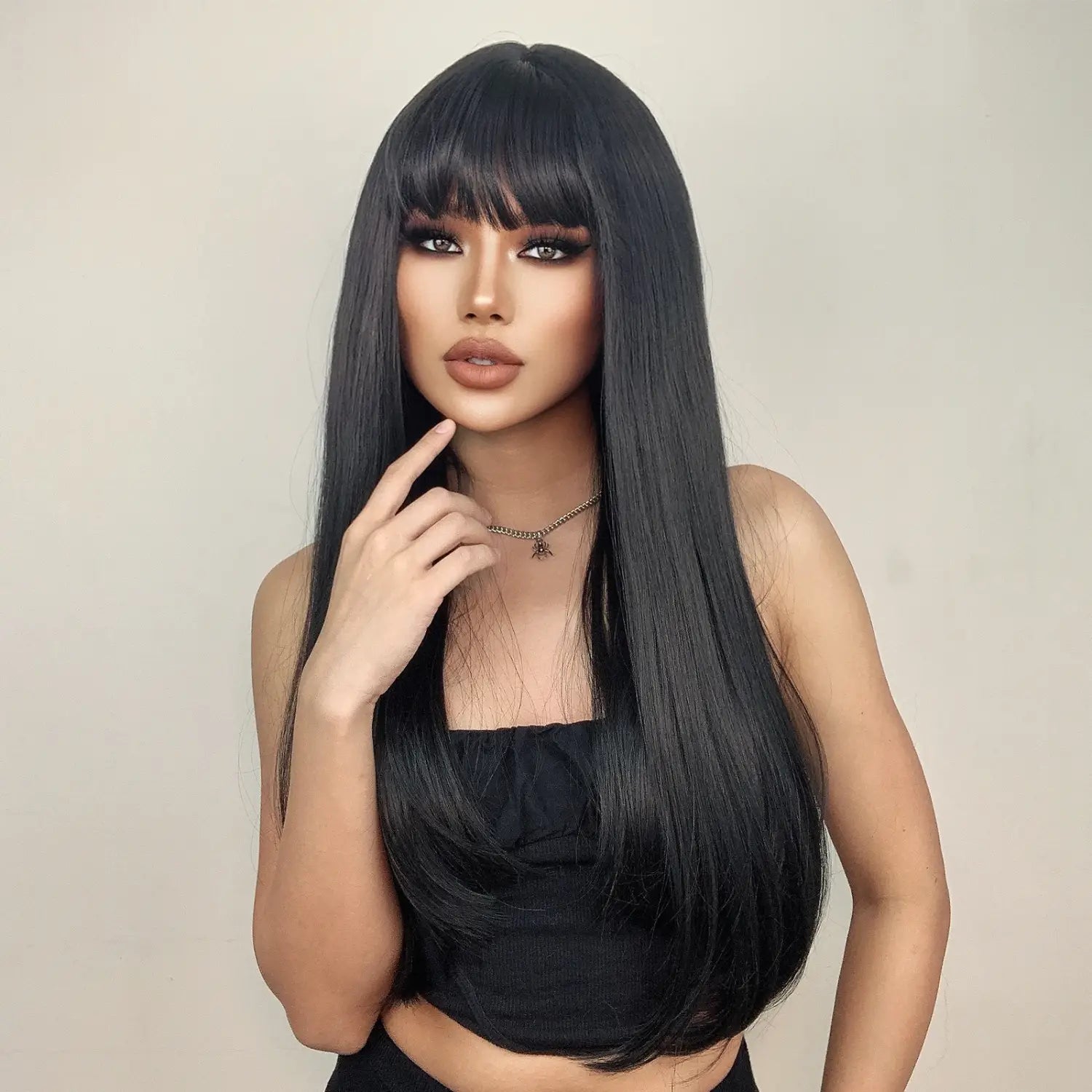 Black Bob Wig – Stylish Long Black Synthetic Wig with Bangs