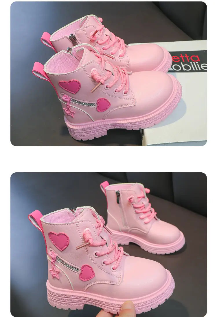 Girls Pink Rubber Boots with Winter Cotton Soft Sole and Side Zip