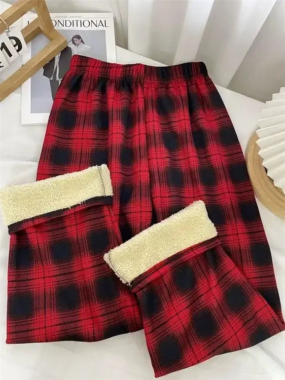 Warm Plush Cashmere Pants in Thick Plaid Wide-Legged Winter Style