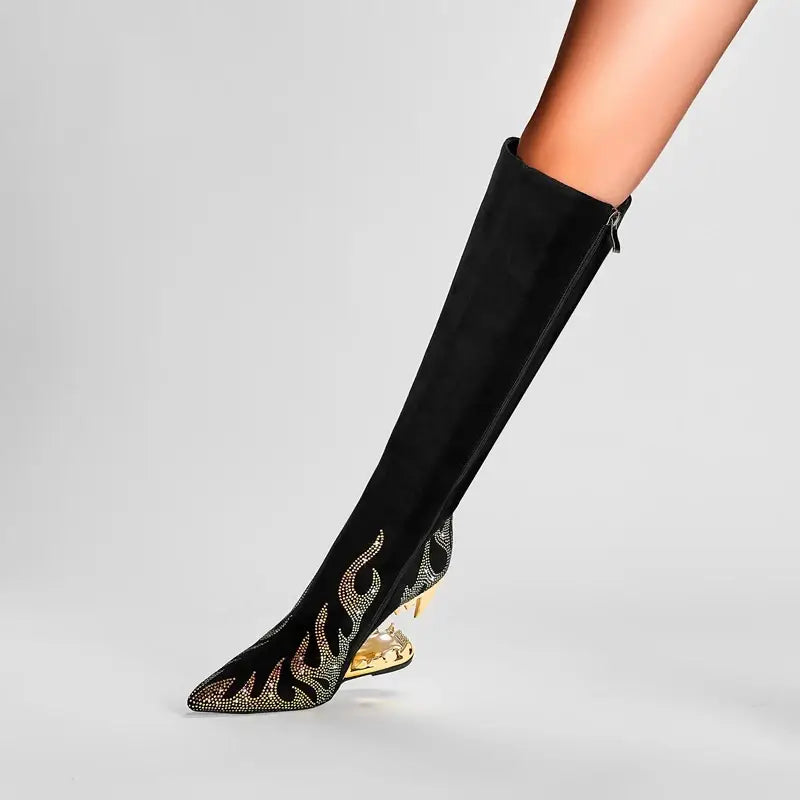 Tiger Tooth Boots: Stylish Stretch Boots with Rhinestone Flame Design