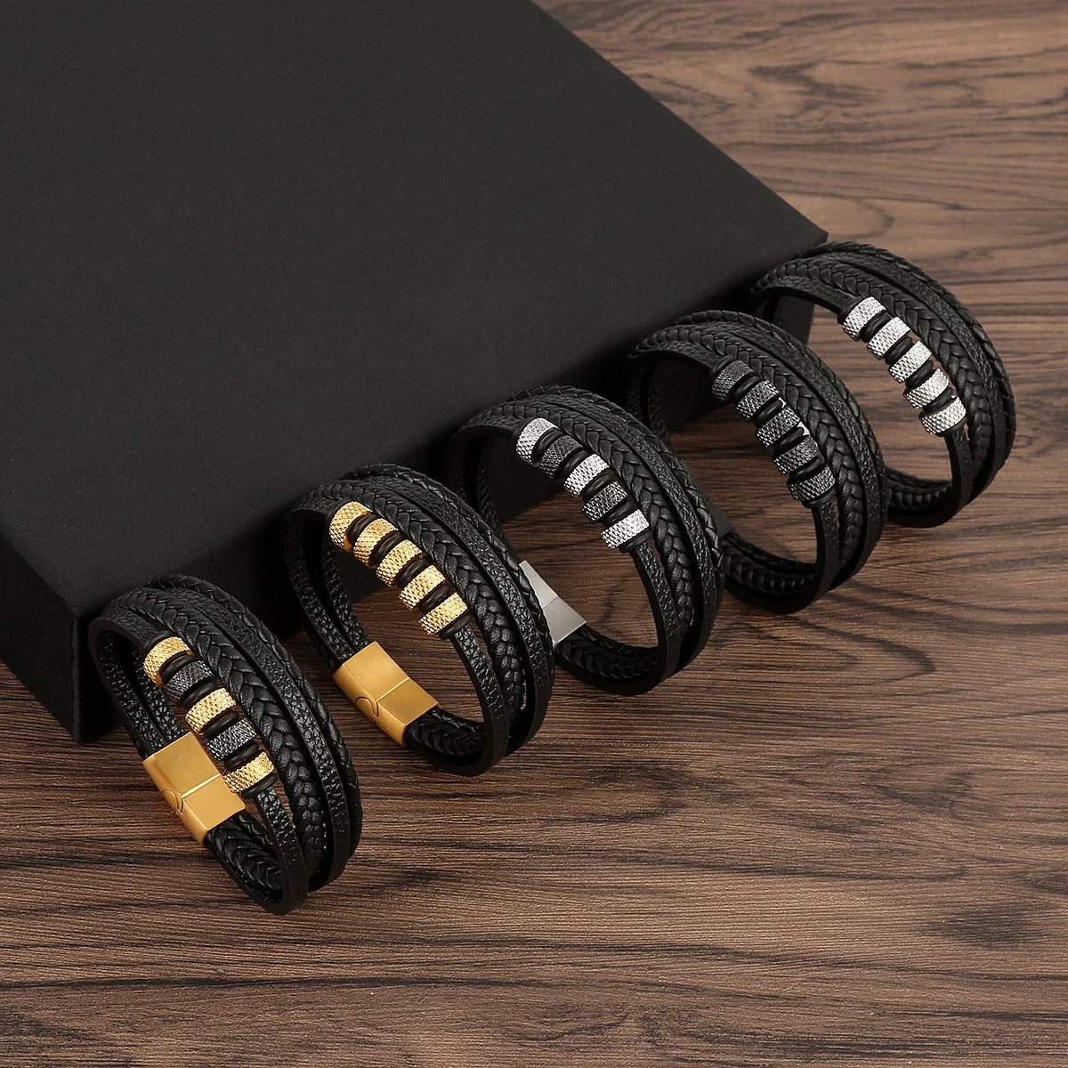 Multilayer Fashion Leather Bracelets for Men with Woven Alloy Accents