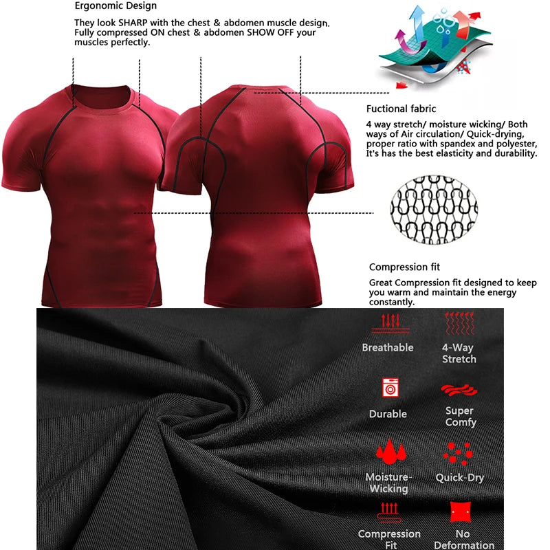 Men Summer Compression Shirt Elastic Quick Dry Gym Workout Tee