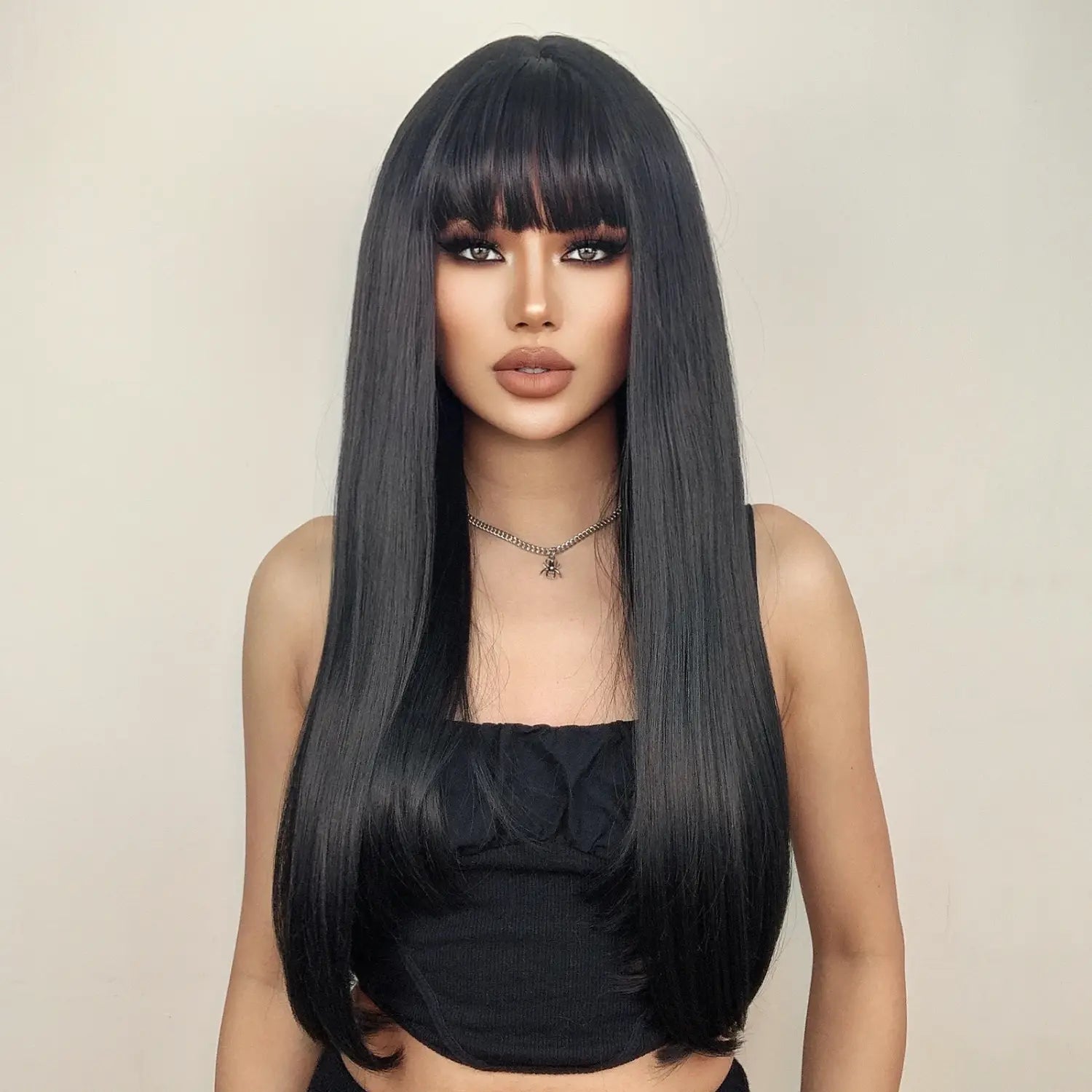 Black Bob Wig – Stylish Long Black Synthetic Wig with Bangs